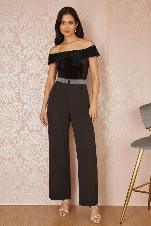 Mela Black Sparkle Black Velvet Bow Bardot Top - QHA UK