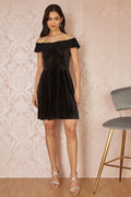 Mela Black Velvet Skater Dress With Sparkle Bow Neckline - QHA UK