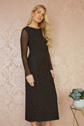 Yumi Black Mesh Bodycon Midi Dress With Tie Back and Diamantes - QHA UK