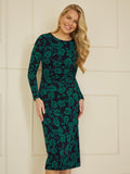 Yumi Green Floral Fitted Mesh Midi Dress With Long Sleeves - QHA UK