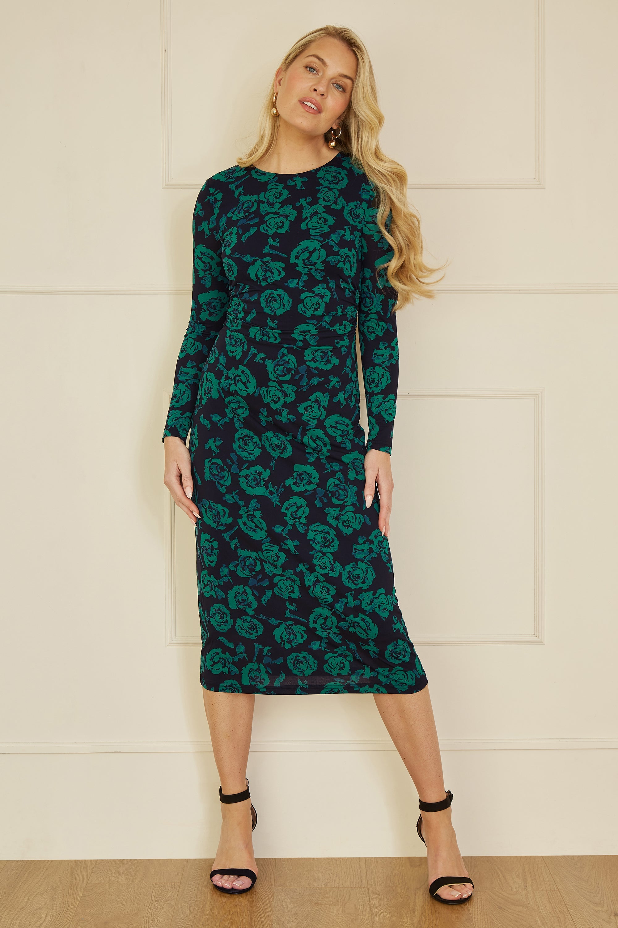Yumi Green Floral Fitted Mesh Midi Dress With Long Sleeves - QHA UK