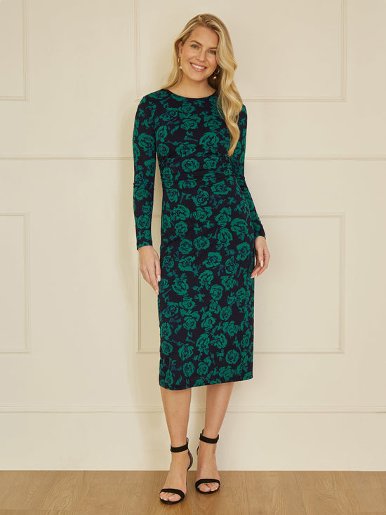 Yumi Green Floral Fitted Mesh Midi Dress With Long Sleeves - QHA UK