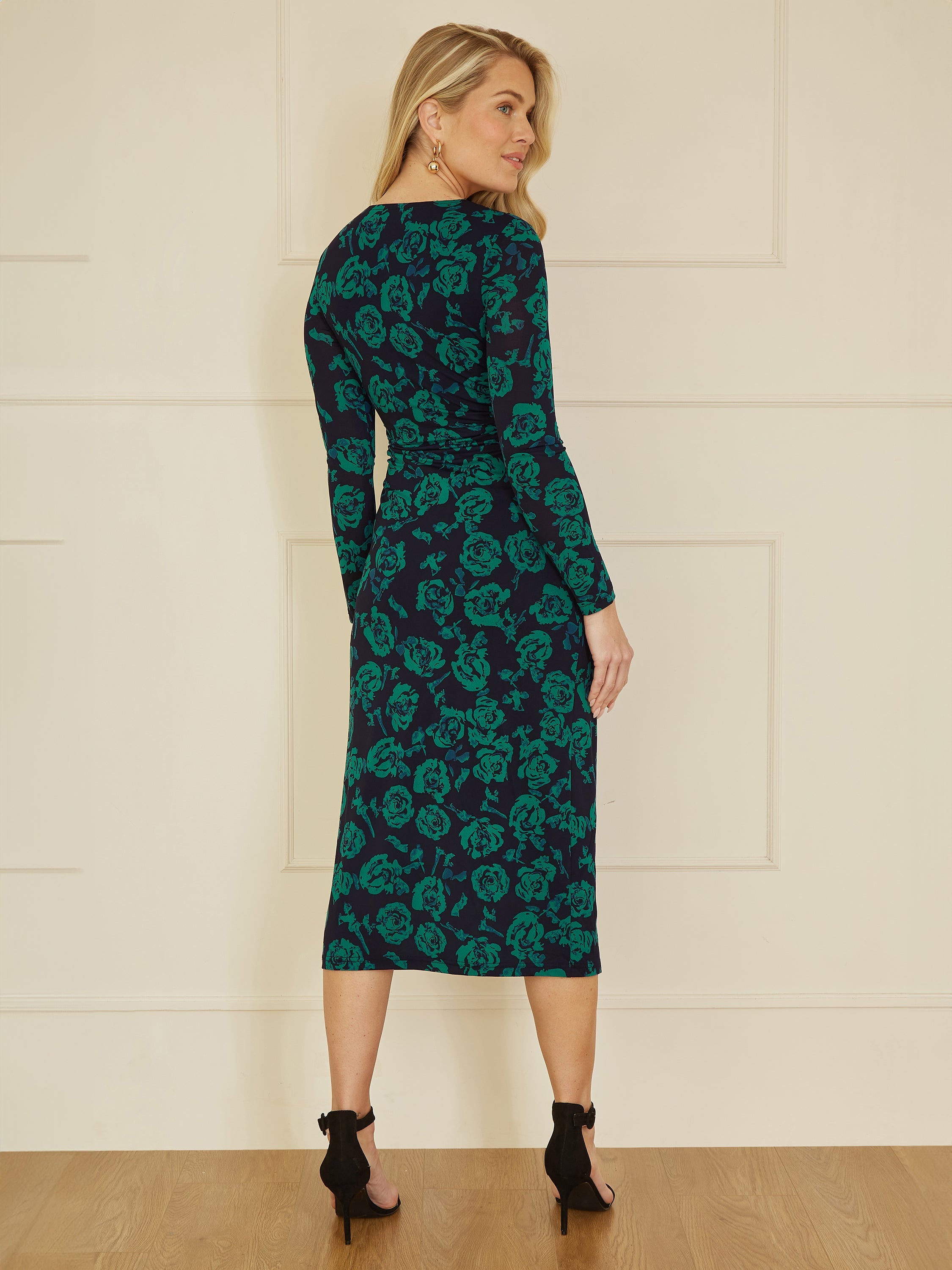 Yumi Green Floral Fitted Mesh Midi Dress With Long Sleeves - QHA UK