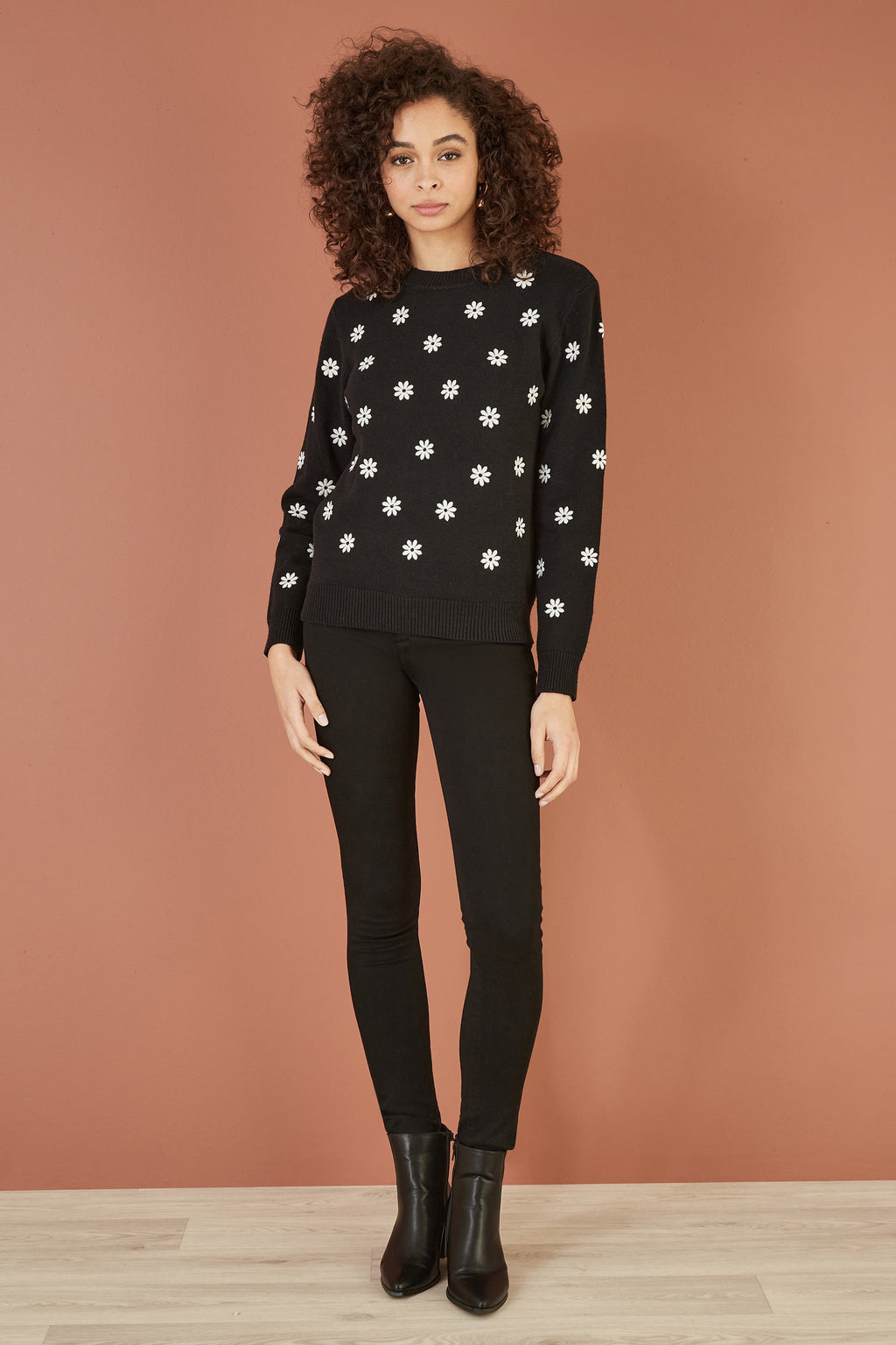 Yumi Black All Over Embroidered Daisy Knitted Jumper - QHA UK