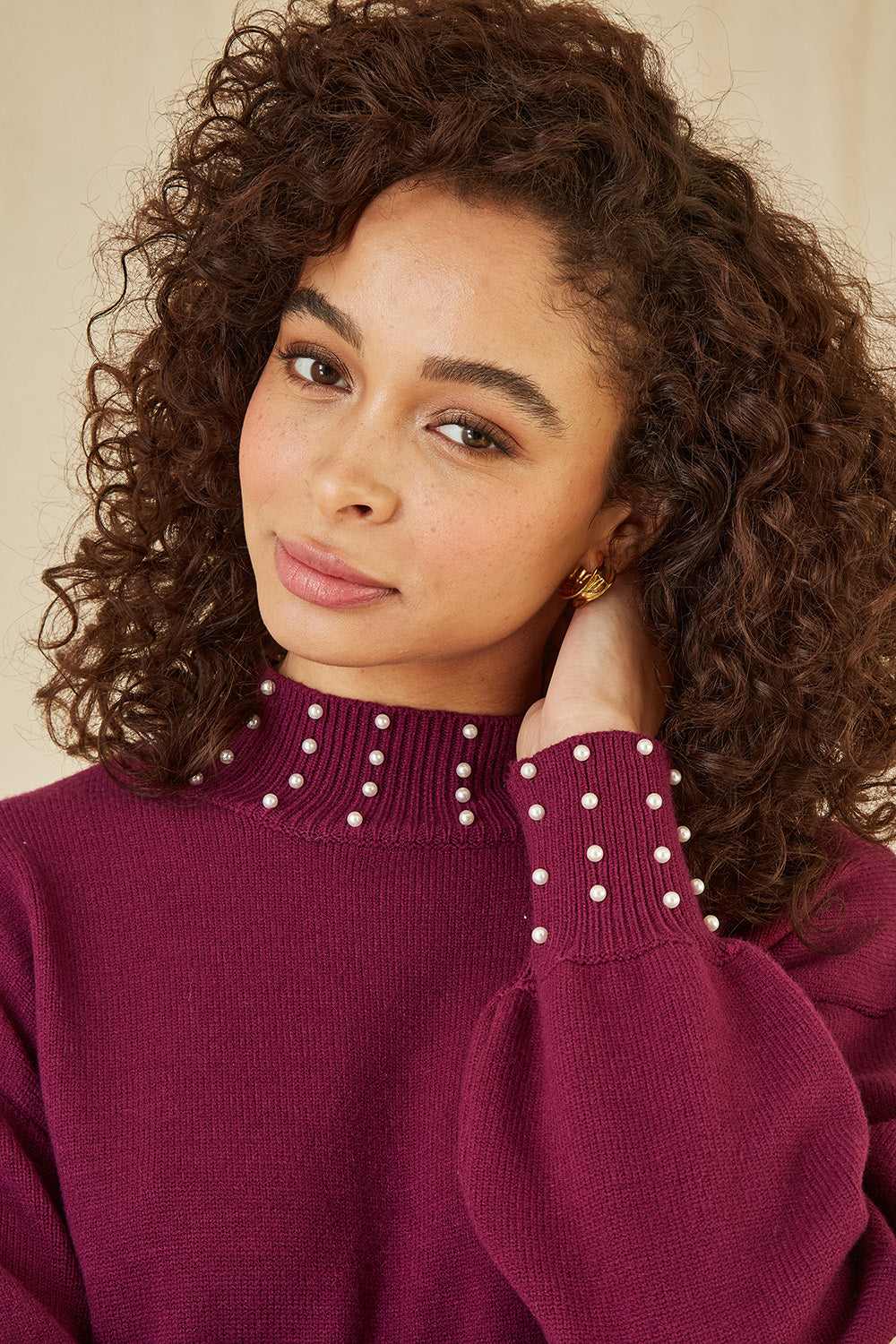 Yumi Plum Pearl Detail Knitted Relaxed Jumper Dress - QHA UK
