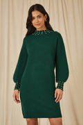 Mela Green Pearl Detail Knitted Relaxed Jumper Dress - QHA UK