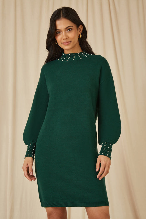Mela Green Pearl Detail Knitted Relaxed Jumper Dress - QHA UK