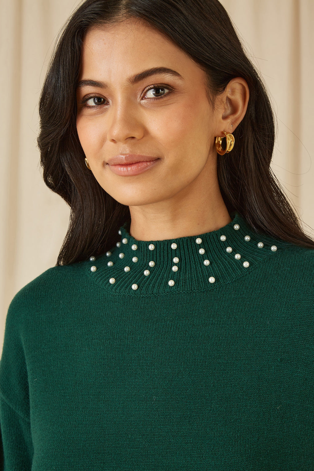 Mela Green Pearl Detail Knitted Relaxed Jumper Dress - QHA UK