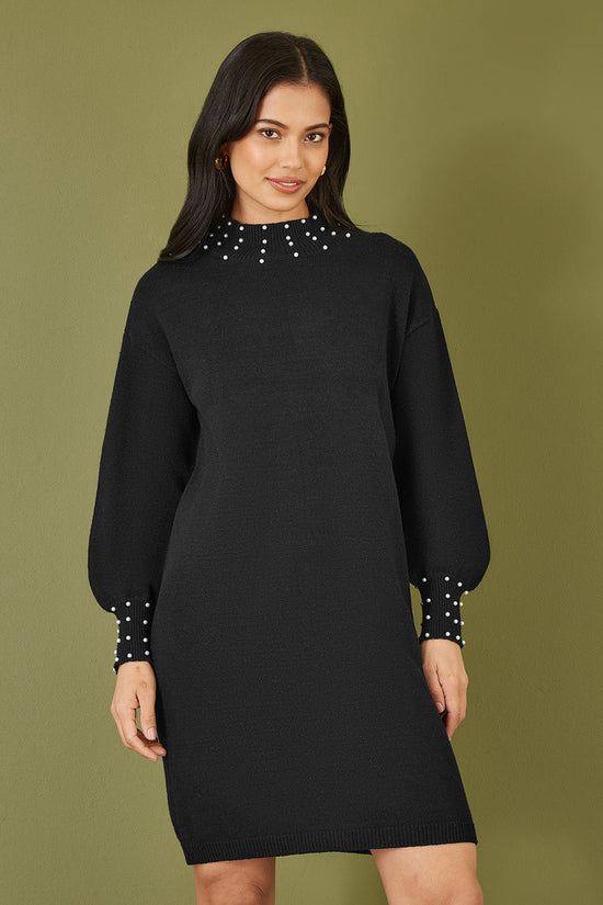 Yumi Black Pearl Detail Knitted Relaxed Jumper Dress - QHA UK