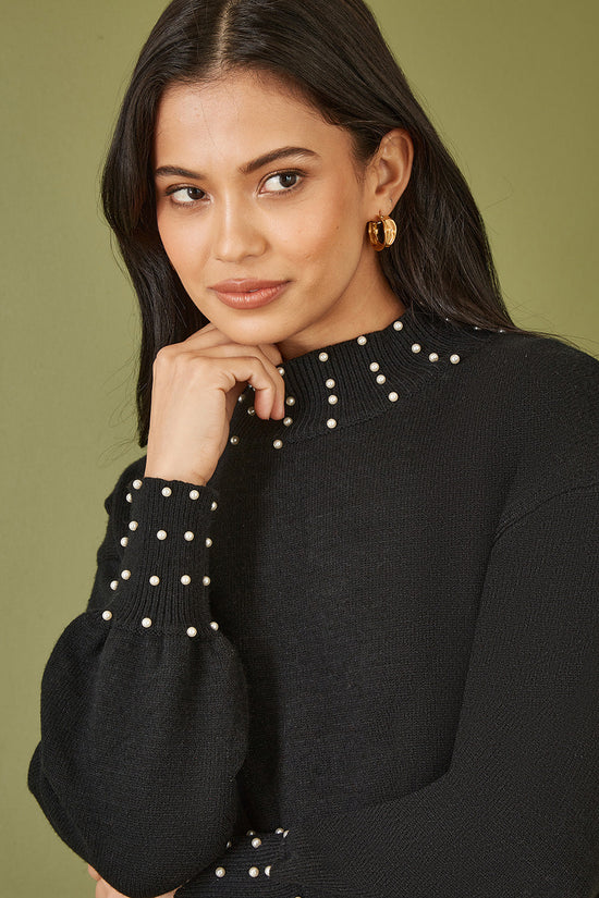 Yumi Black Pearl Detail Knitted Relaxed Jumper Dress - QHA UK
