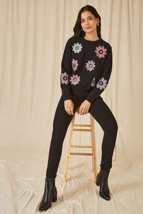 Mela Black Sequin Flower Jumper - QHA UK