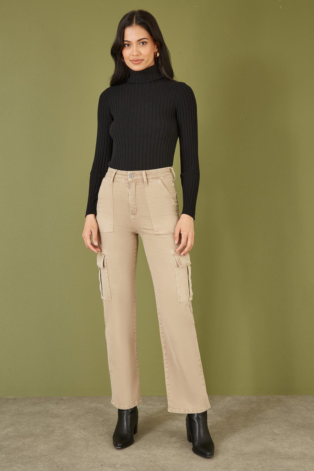 Yumi Black Ribbed Knit Roll Neck Jumper Supersoft Stretch Autumn Winter Top