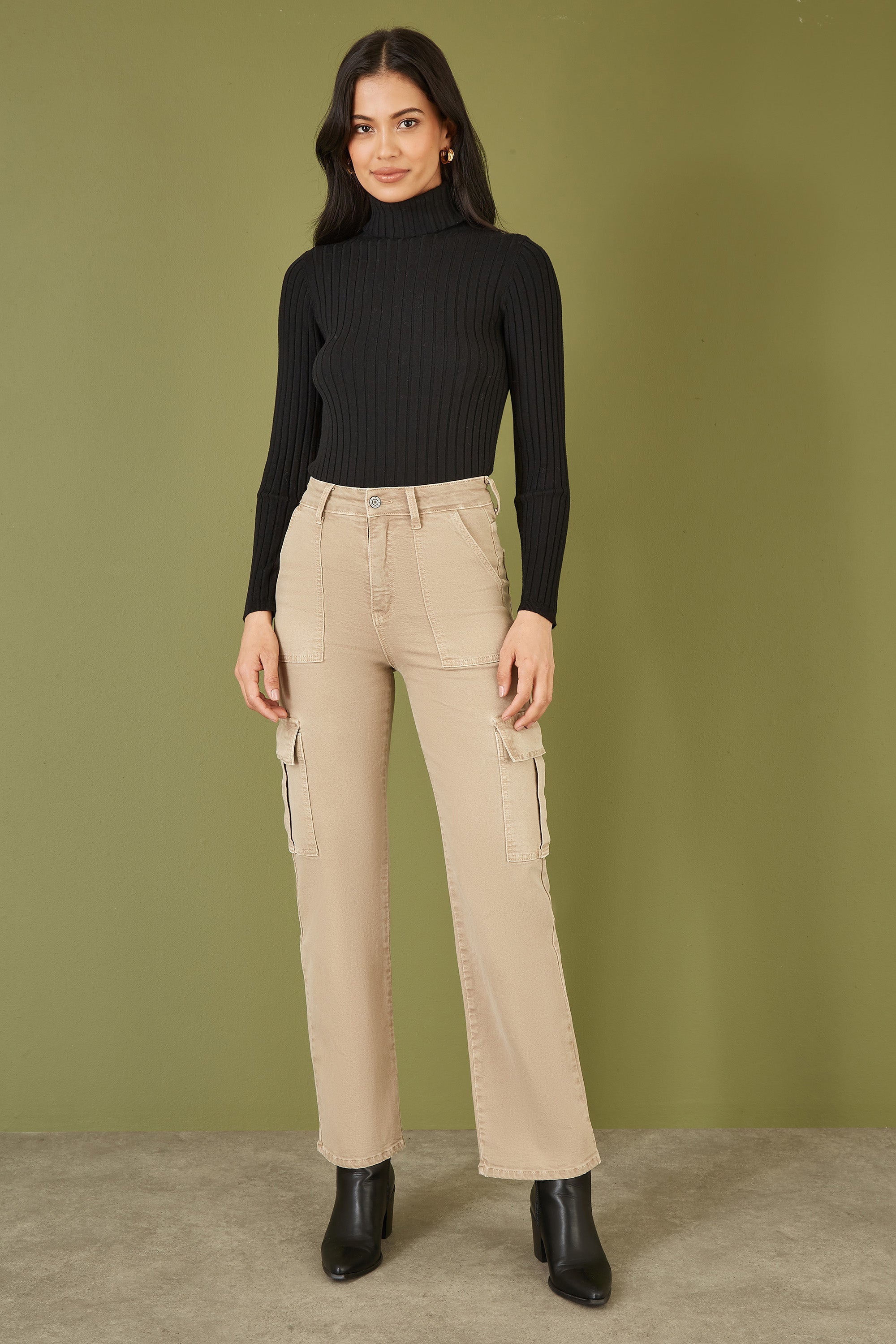 Yumi Black Ribbed Knit Roll Neck Jumper Supersoft Stretch Autumn Winter Top