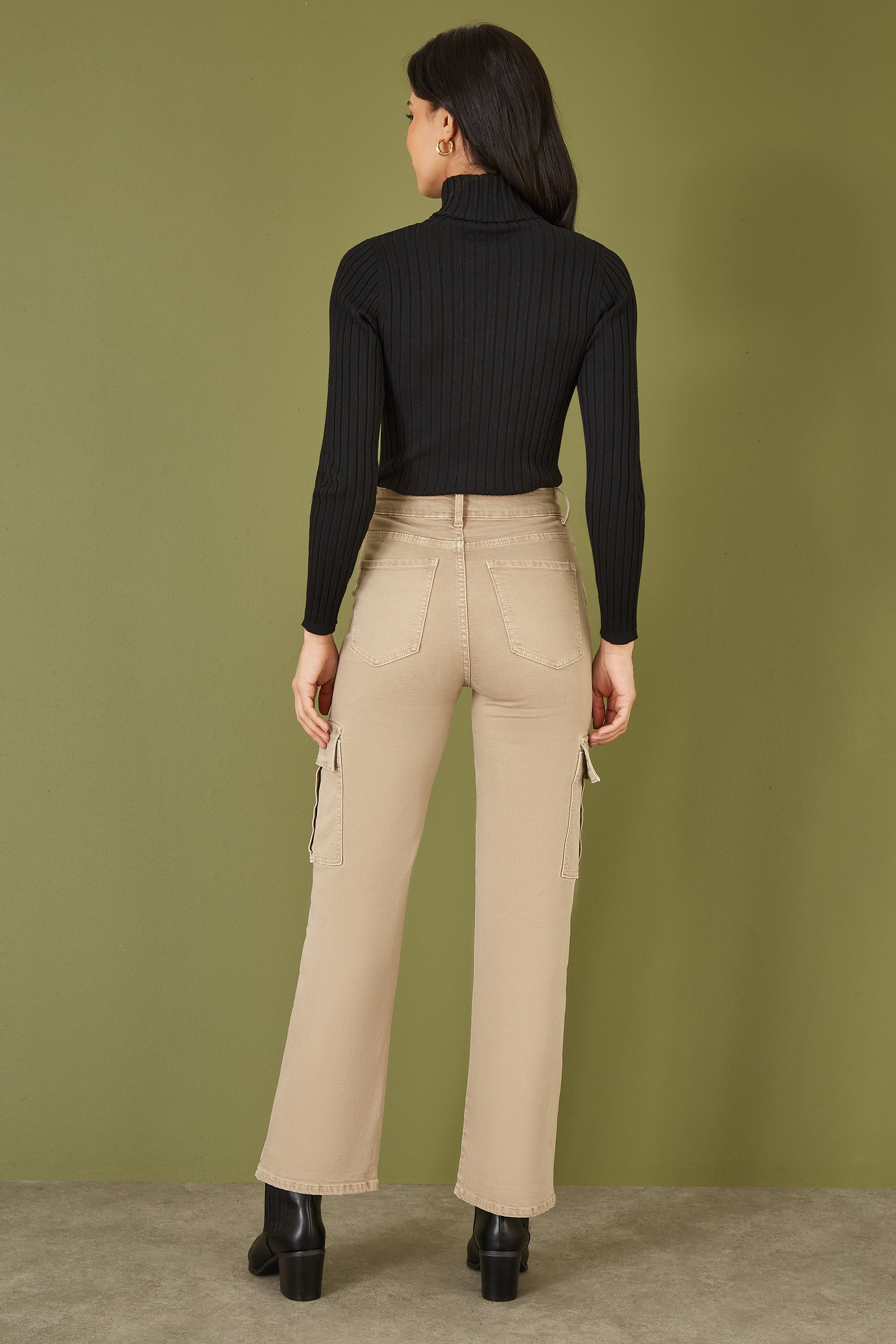 Yumi Black Ribbed Knit Roll Neck Jumper Supersoft Stretch Autumn Winter Top