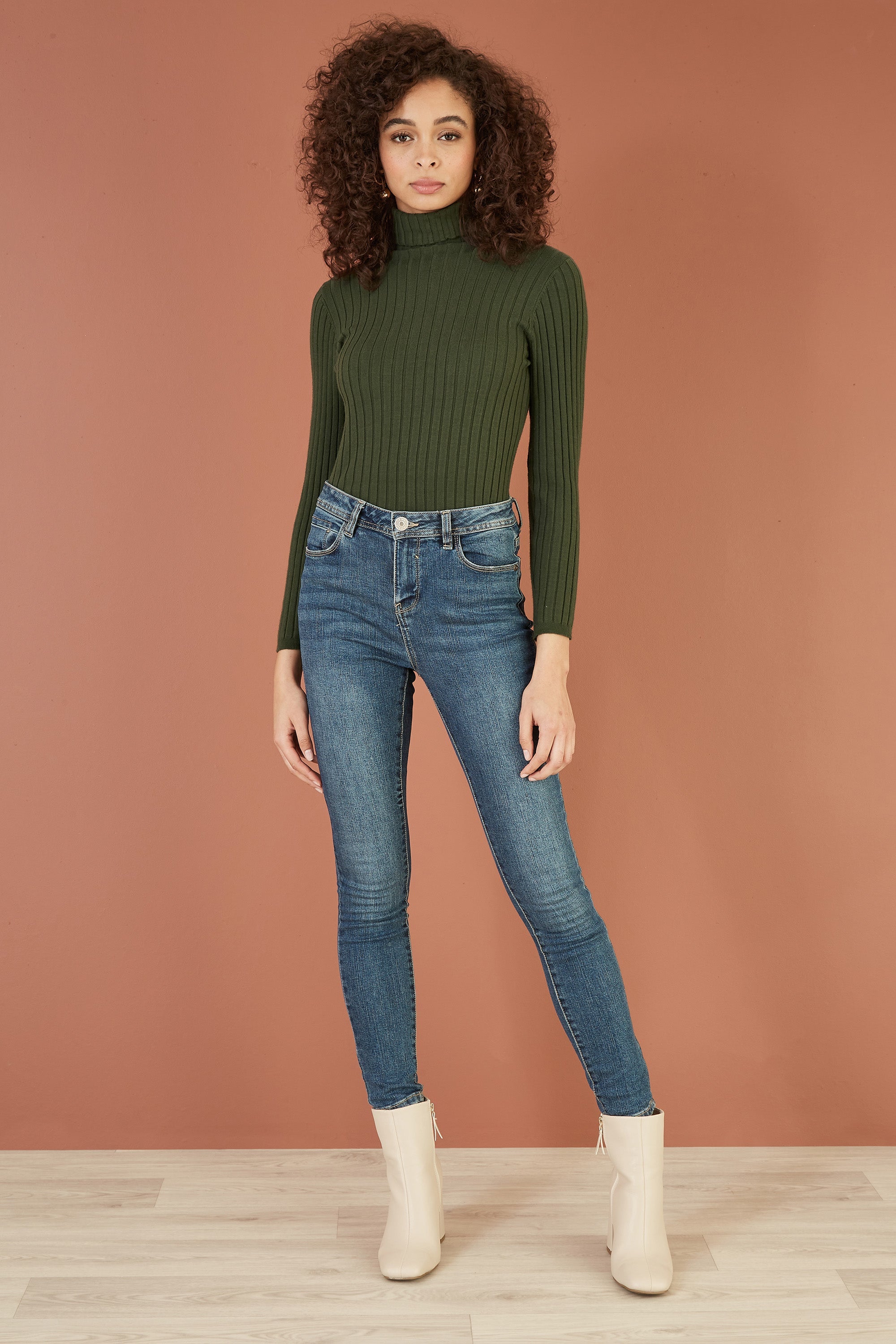 Yumi Green Ribbed Knit Roll Neck Jumper