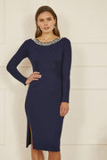 Yumi Navy Pearl Neckline Fitted Midi Knitted Dress - QHA UK