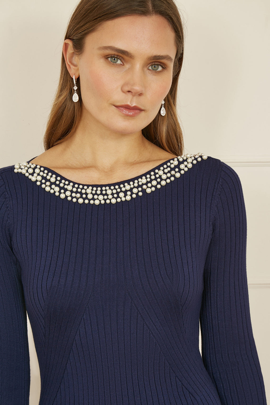 Yumi Navy Pearl Neckline Fitted Midi Knitted Dress - QHA UK