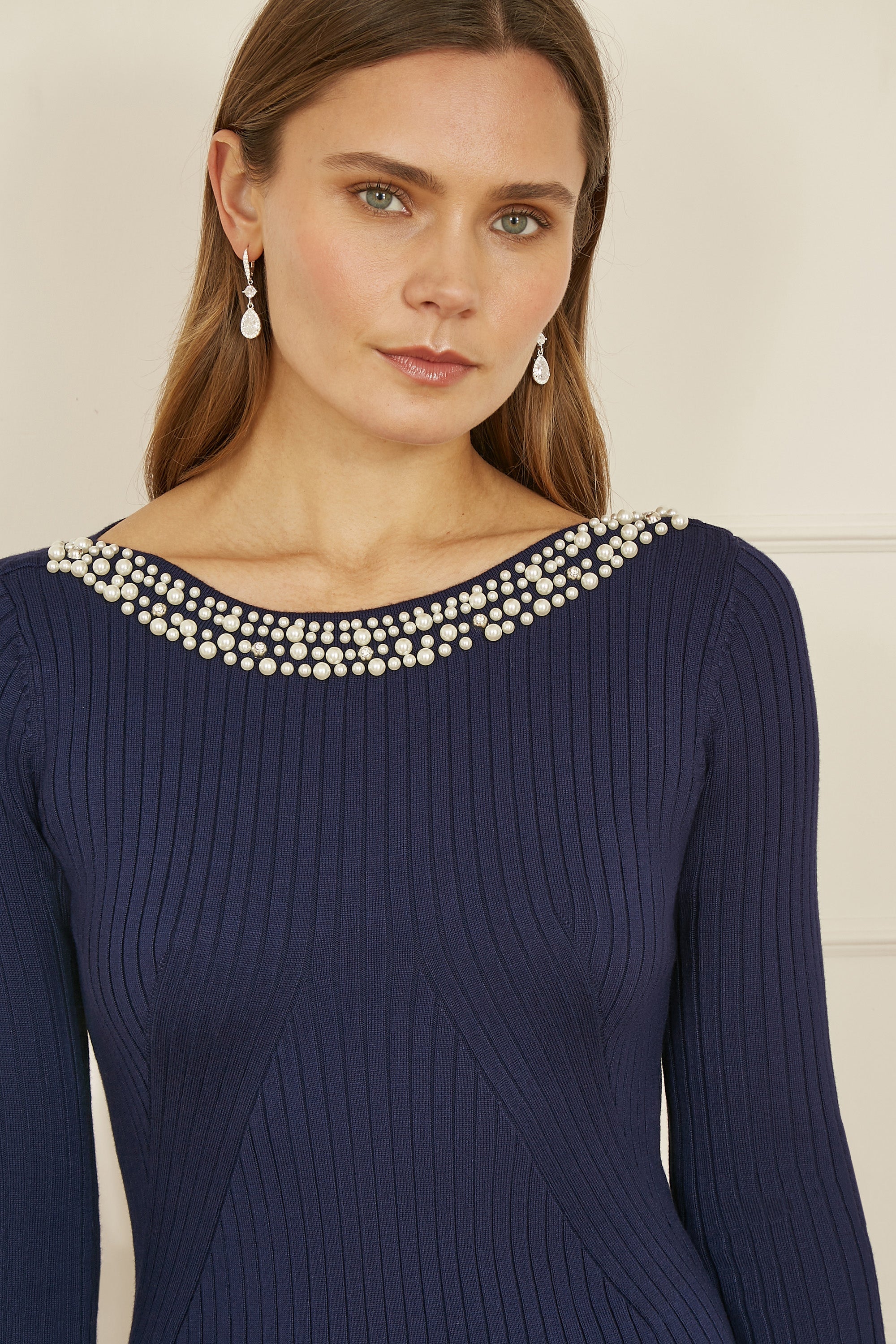 Yumi Navy Pearl Neckline Fitted Midi Knitted Dress - QHA UK