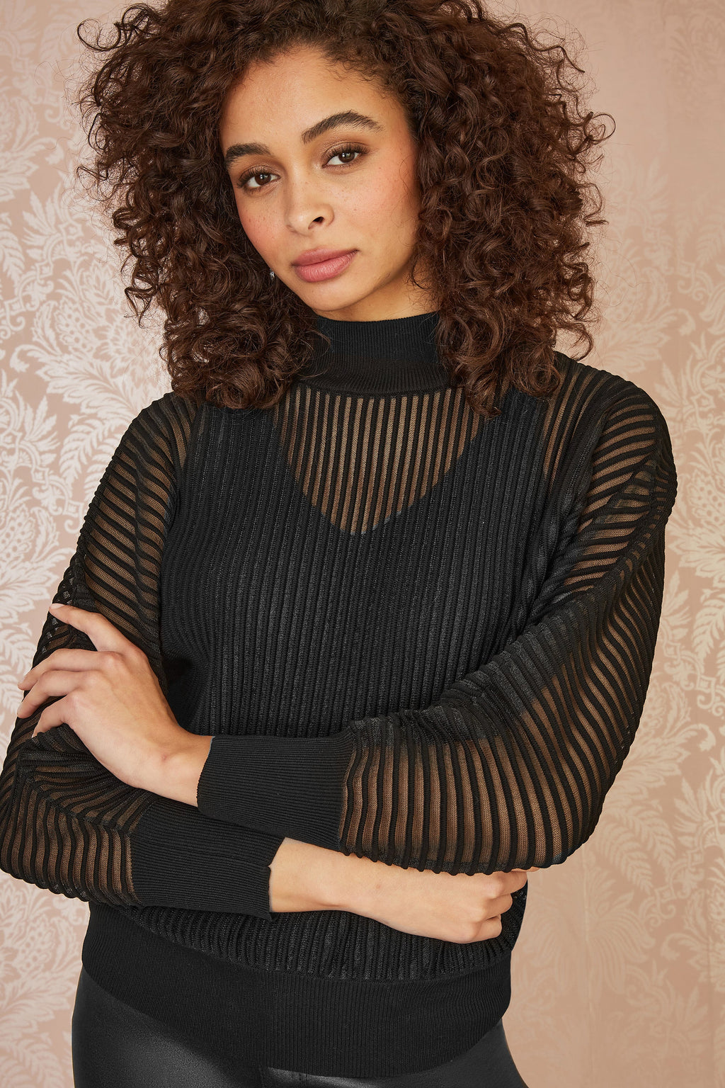 Yumi Black Sheer Roll Neck Jumper With Knitted Vest Top - QHA UK
