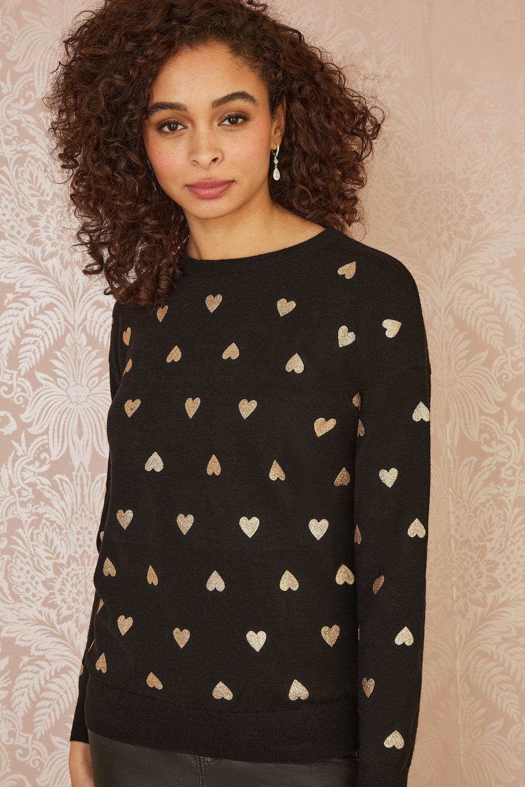 Yumi Black Gold Foil Heart Print Relaxed Fit Jumper - QHA UK