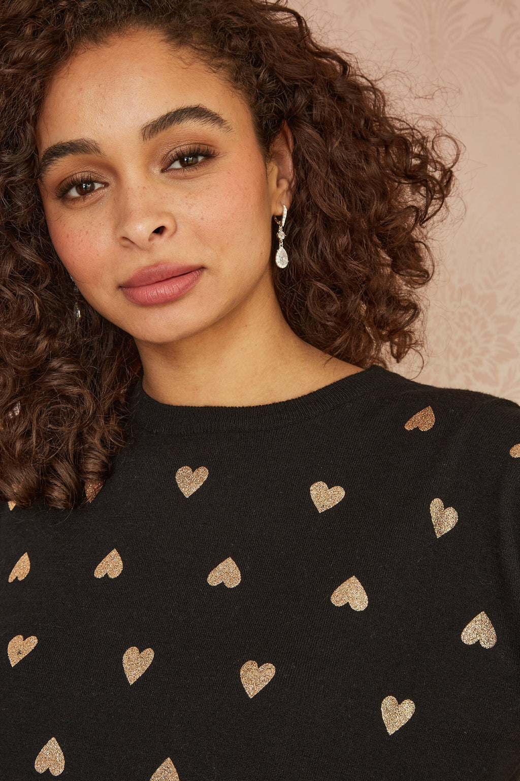 Yumi Black Gold Foil Heart Print Relaxed Fit Jumper - QHA UK