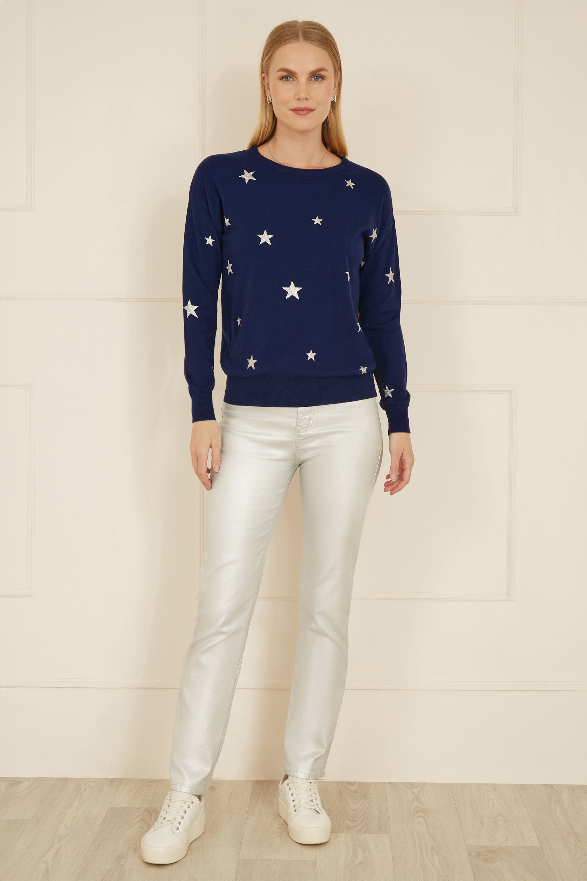 Yumi Navy Silver Foil Star Print Relaxed Fit Jumper - QHA UK
