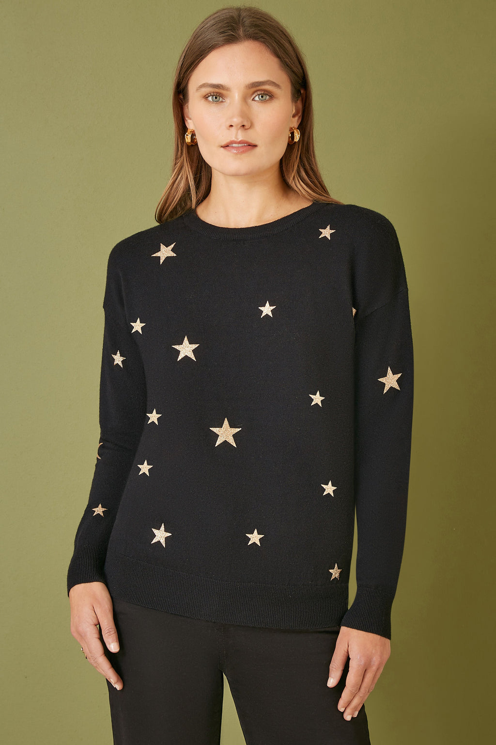 Yumi Black Gold Foil Star Print Relaxed Fit Jumper - QHA UK