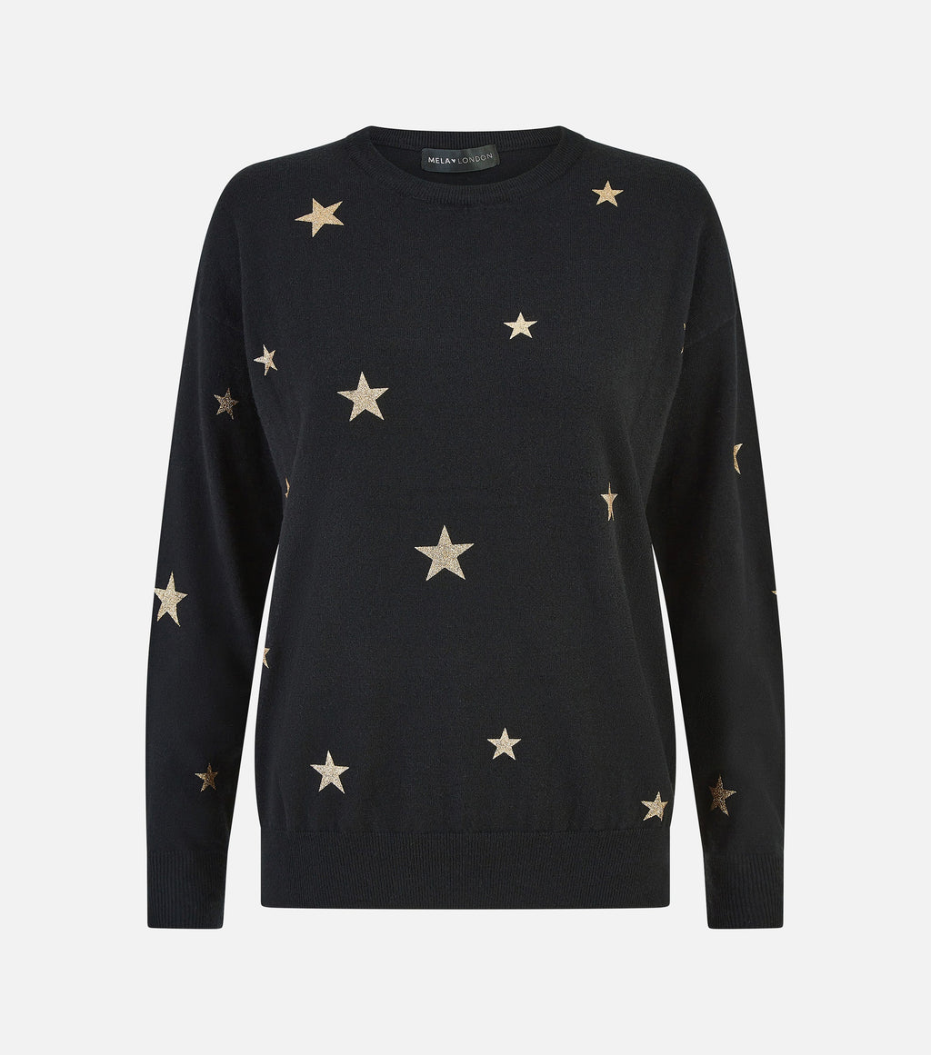 Yumi Black Gold Foil Star Print Relaxed Fit Jumper - QHA UK