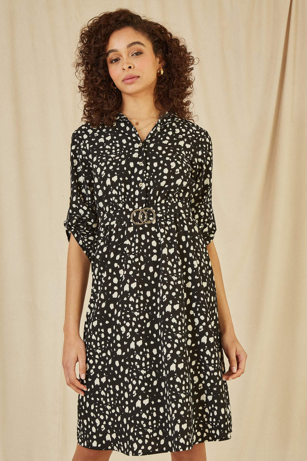 Mela Black Dash Print Skater Dress With Buckle - QHA UK