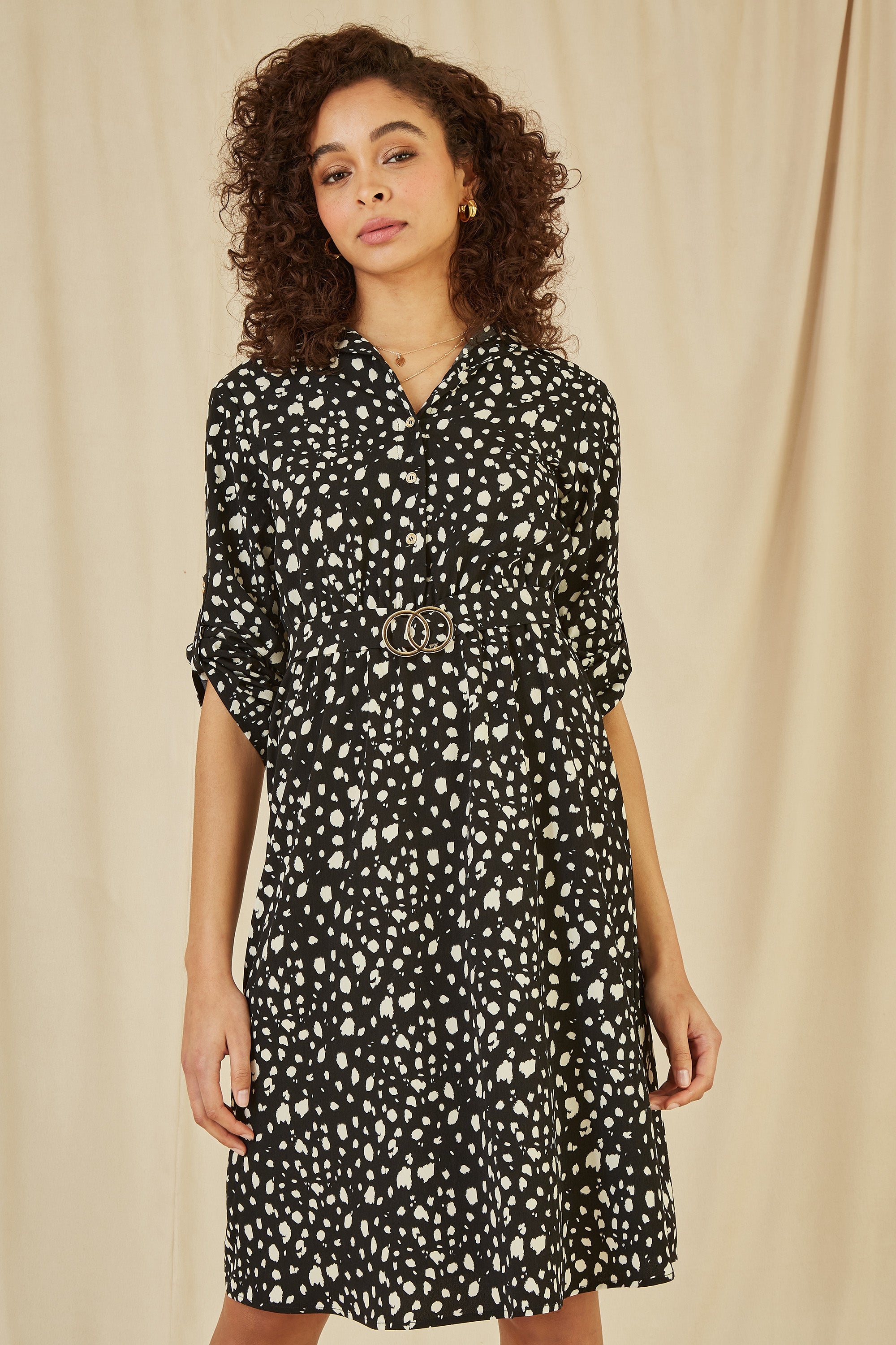 Mela Black Dash Print Skater Dress With Buckle - QHA UK