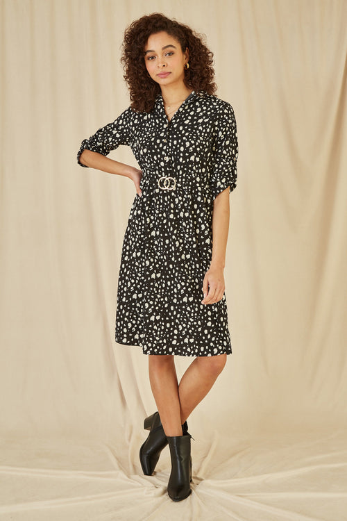 Mela Black Dash Print Skater Dress With Buckle - QHA UK