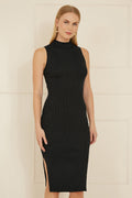 Yumi Black Metallic Fitted High Neck Midi Dress - QHA UK