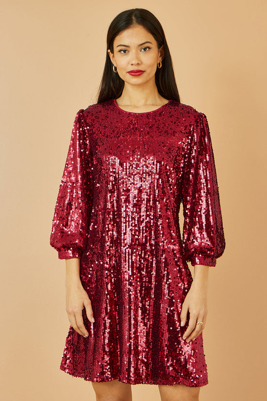 Yumi Burgundy Sequin Tunic Dress With Balloon Sleeves - QHA UK