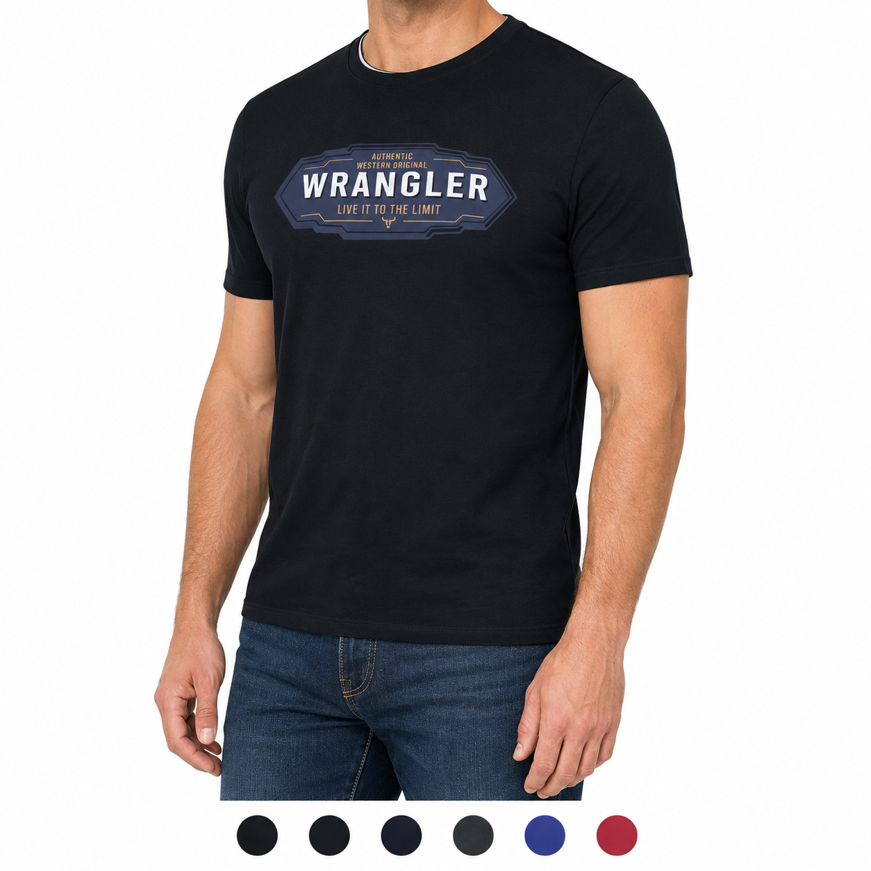 Black Wrangler t-shirt worn by a person on a white background with color options displayed below.