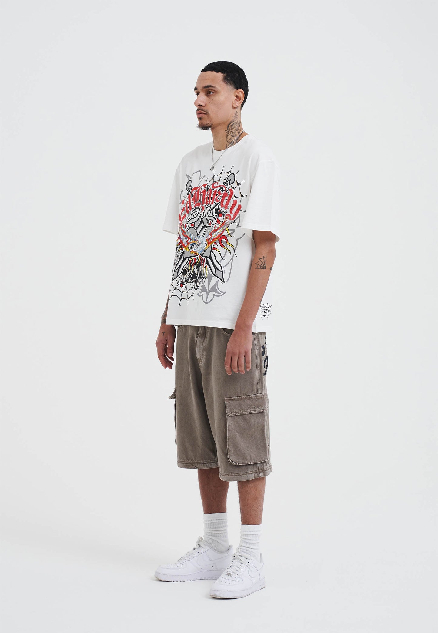 Mens Gothic Lightning Eagle Diamante T-Shirt - White