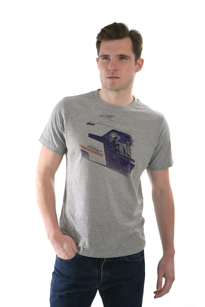Man wearing a gray t-shirt with a graphic design on a white background