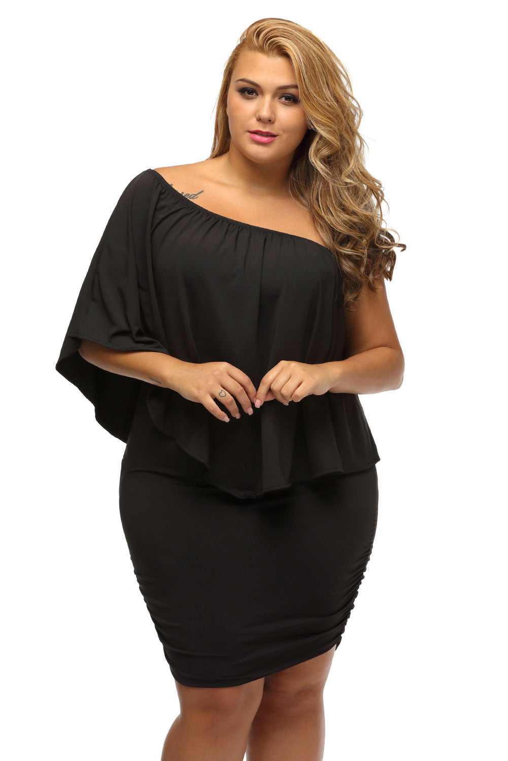 Multi-way Layered Ruffle Black Mini Plus Size Party Dress