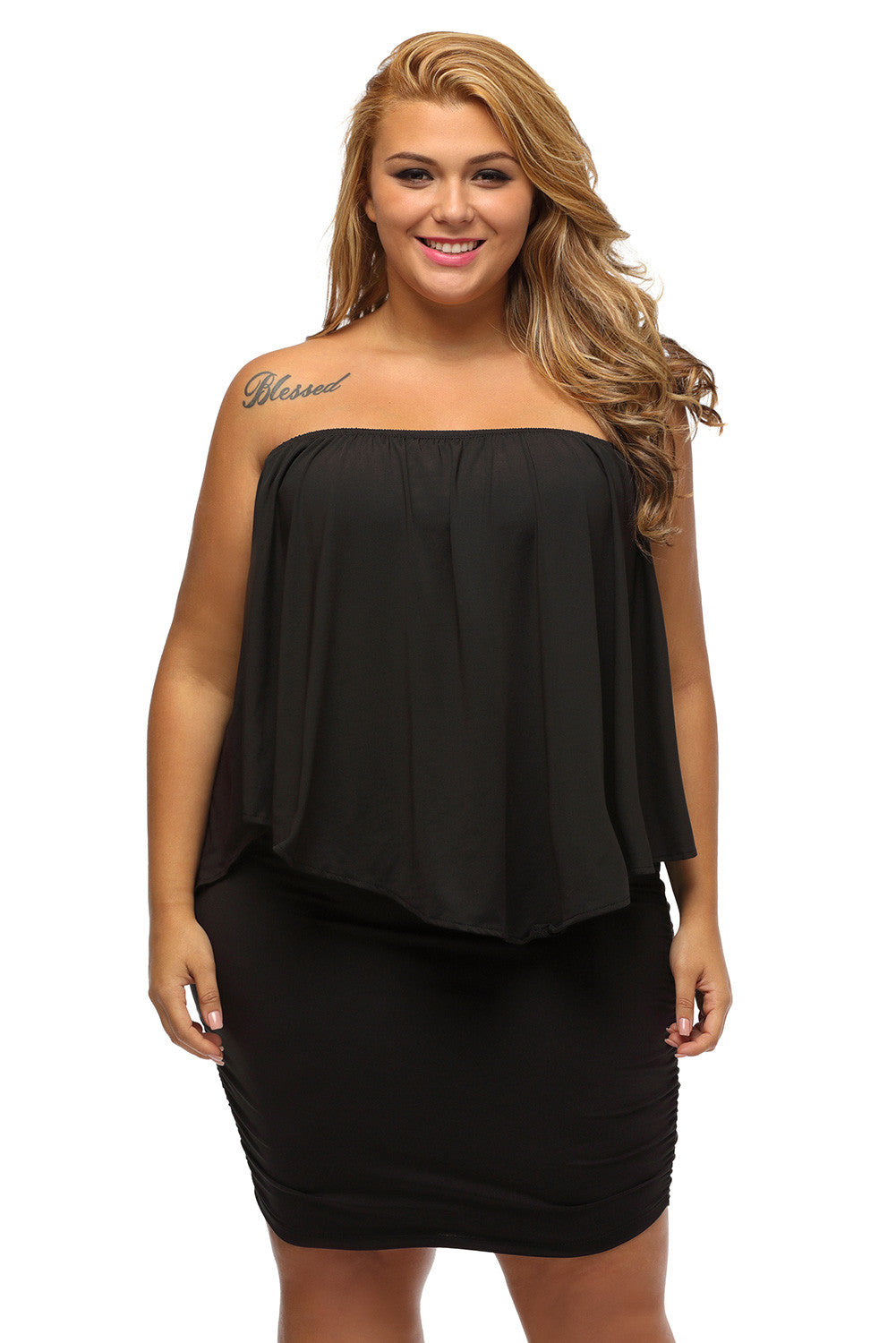 Multi-way Layered Ruffle Black Mini Plus Size Party Dress
