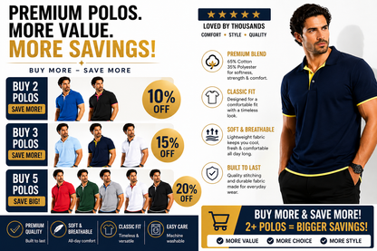 Promotional advertisement for premium polos with savings information and a model wearing a polo shirt.