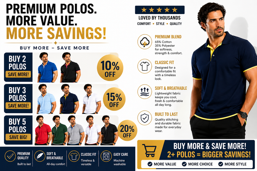 Promotional advertisement for premium polos with savings information and a model wearing a polo shirt.
