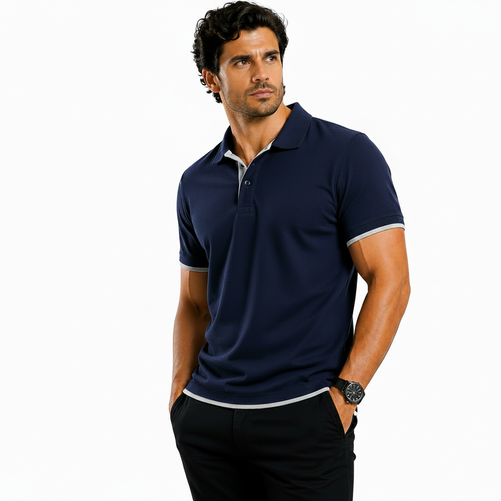 Man wearing a navy blue polo shirt with product features highlighted on a white background