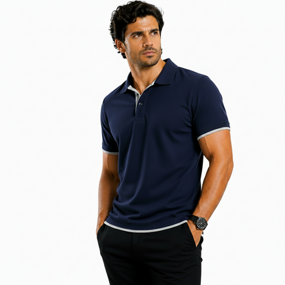 Man wearing a navy blue polo shirt with product features highlighted on a white background