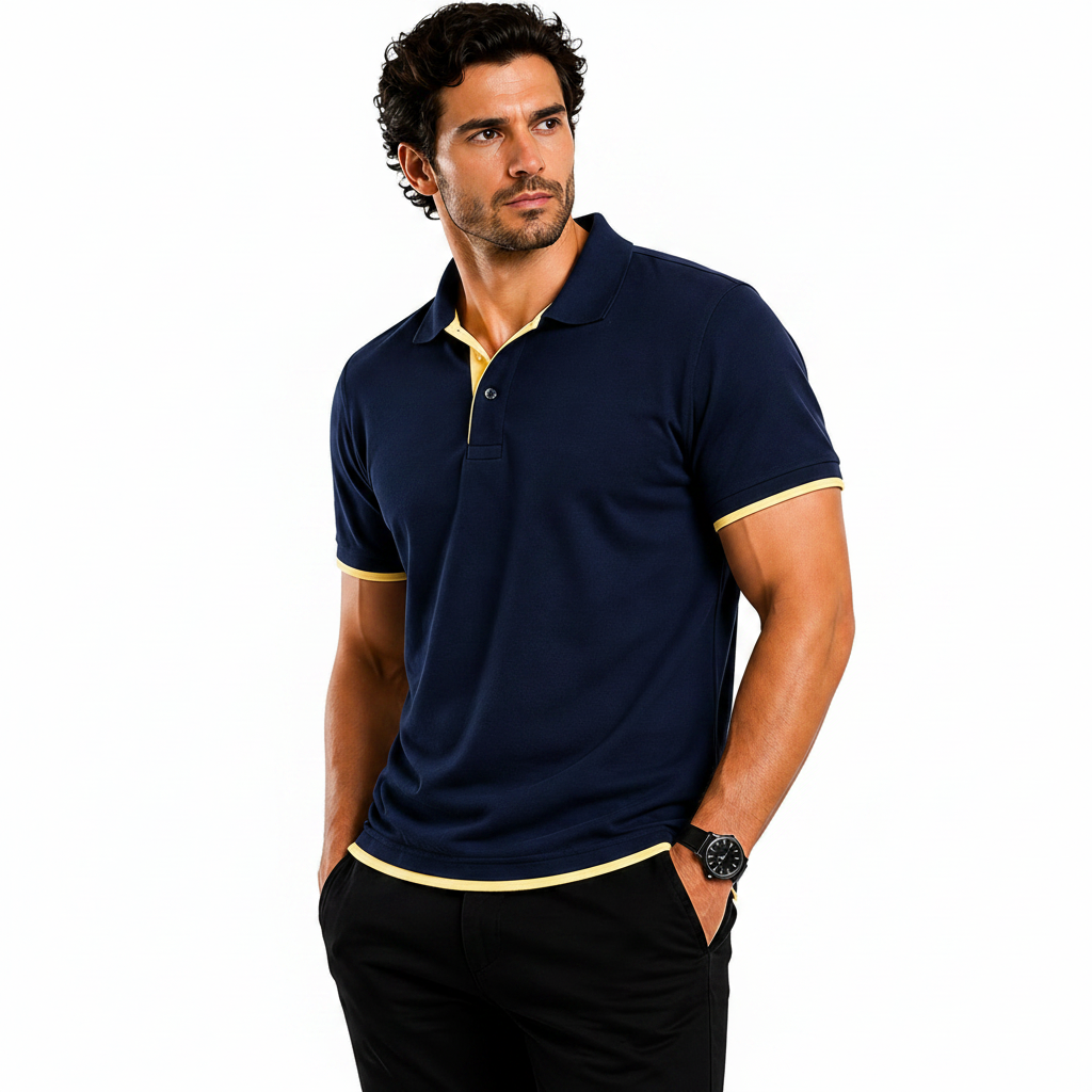 Man wearing a navy blue polo shirt with yellow accents, promotional text about the shirt's features.
