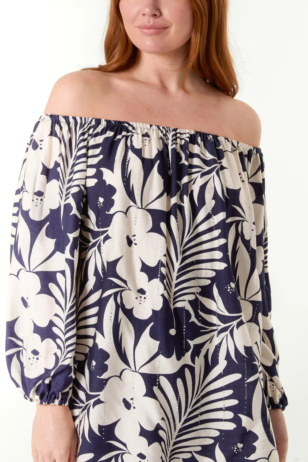 Navy Bardot Top with Floral Print | QED Off Shoulder Style