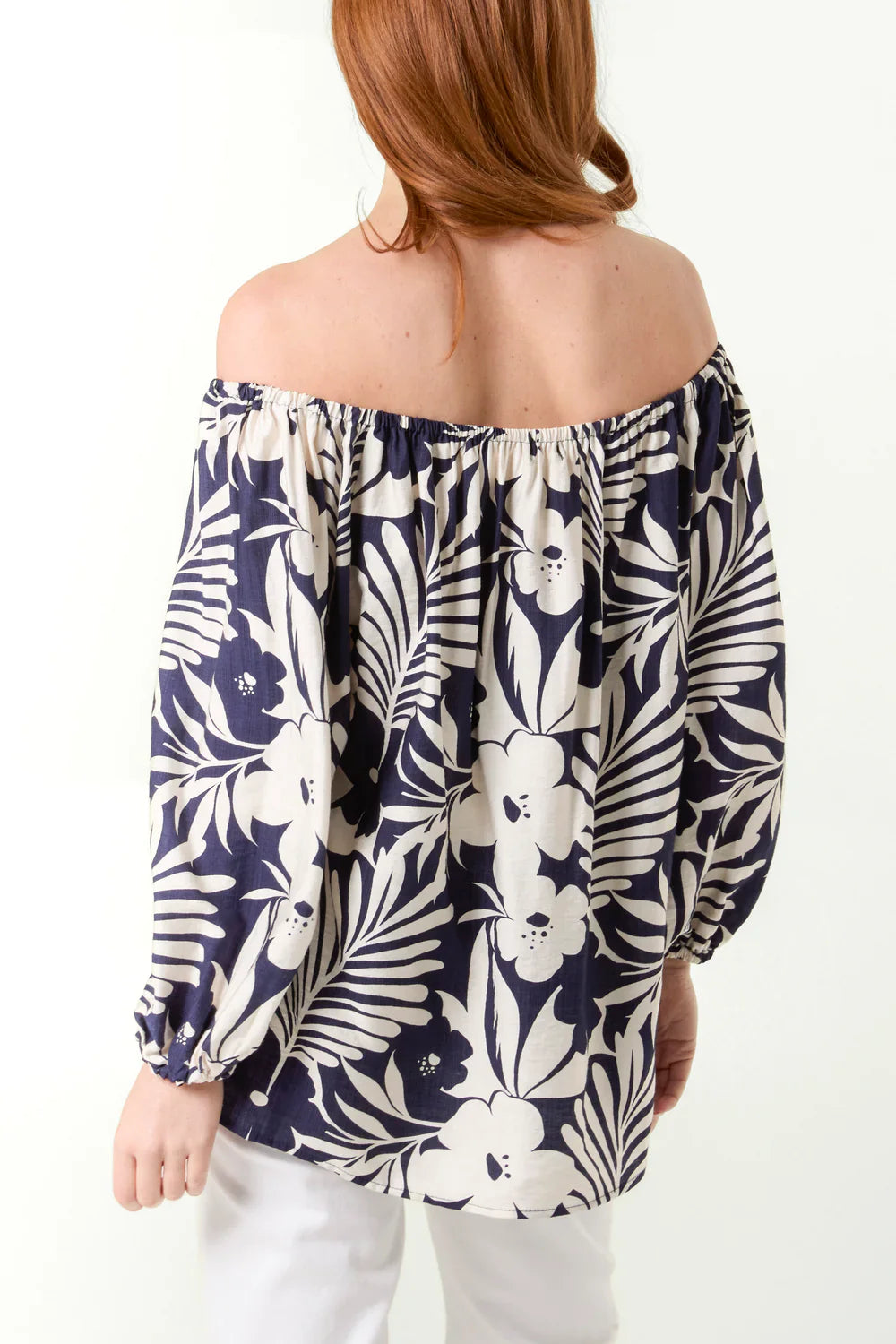 Navy Bardot Top with Floral Print | QED Off Shoulder Style