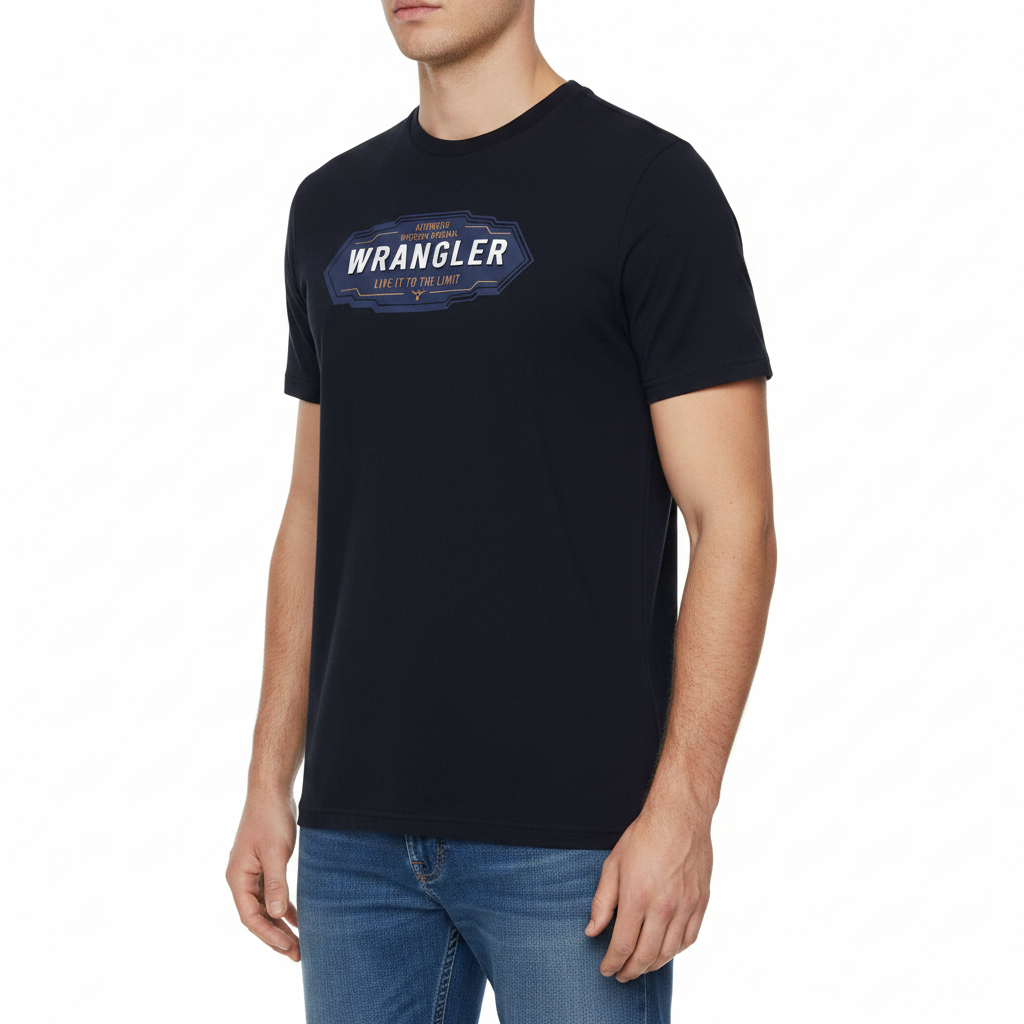 Navy t-shirt with Wrangler logo on a white background