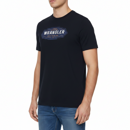 Navy t-shirt with Wrangler logo on a white background
