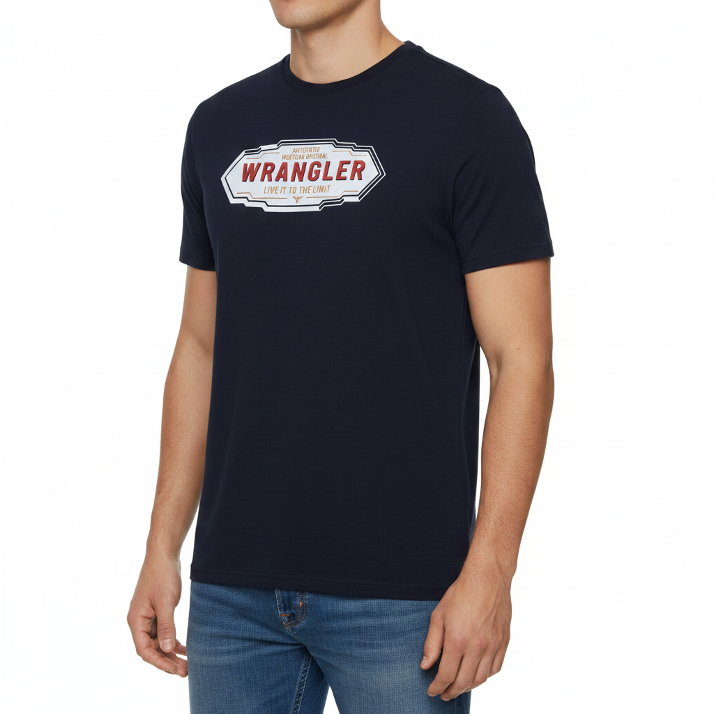 Person wearing a navy blue t-shirt with Wrangler logo on a white background
