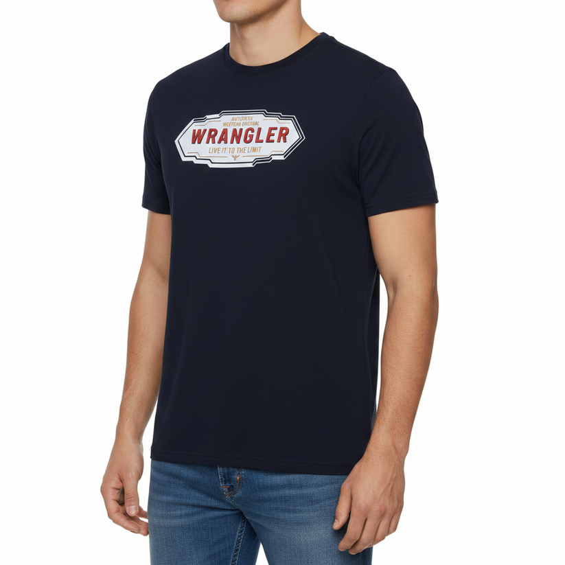 Person wearing a navy blue t-shirt with Wrangler logo on a white background