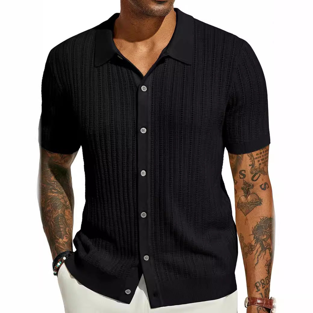 Summer Cool Knitted Men's Shirt Short Sleeved Lapel Solid Color